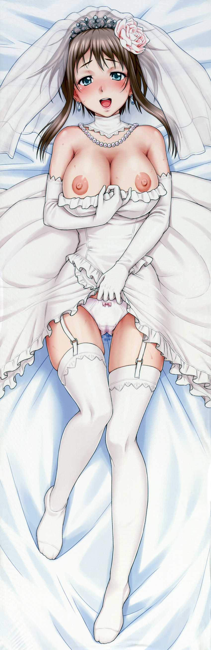 :d absurdres aqua_eyes areolae blush breasts bridal_veil brown_hair cleavage copyright_request dakimakura dress elbow_gloves flower full-face_blush full_body garter_straps gloves hair_flower hair_ornament highres huge_filesize large_breasts legs lying nigou nipples no_bra open_mouth panties pearl pussy_juice smile solo thighhighs underwear veil wedding_dress wet wet_clothes wet_panties white_legwear white_panties