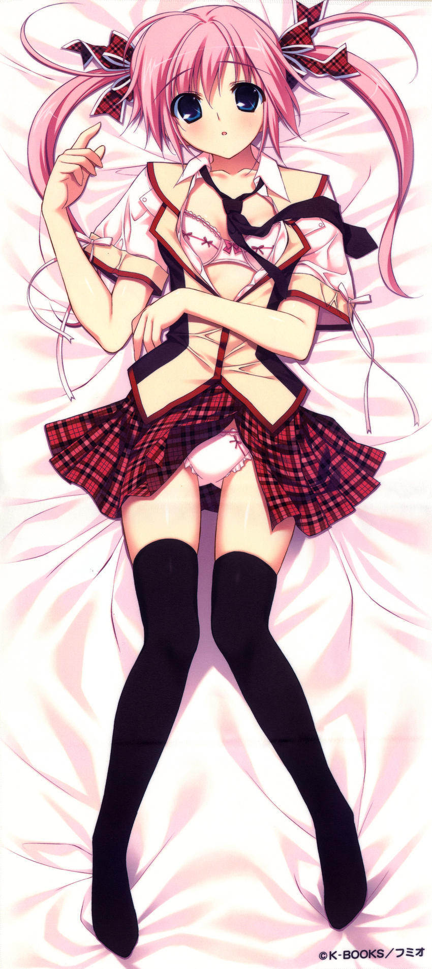 absurdres artist_name black_legwear blue_eyes bra copyright_request dakimakura full_body fumio_(ura_fmo) highres huge_filesize legs lying necktie open_clothes open_shirt panties pink_bra pink_hair pink_panties scan school_uniform shirt skirt skirt_lift solo thighhighs twintails underwear