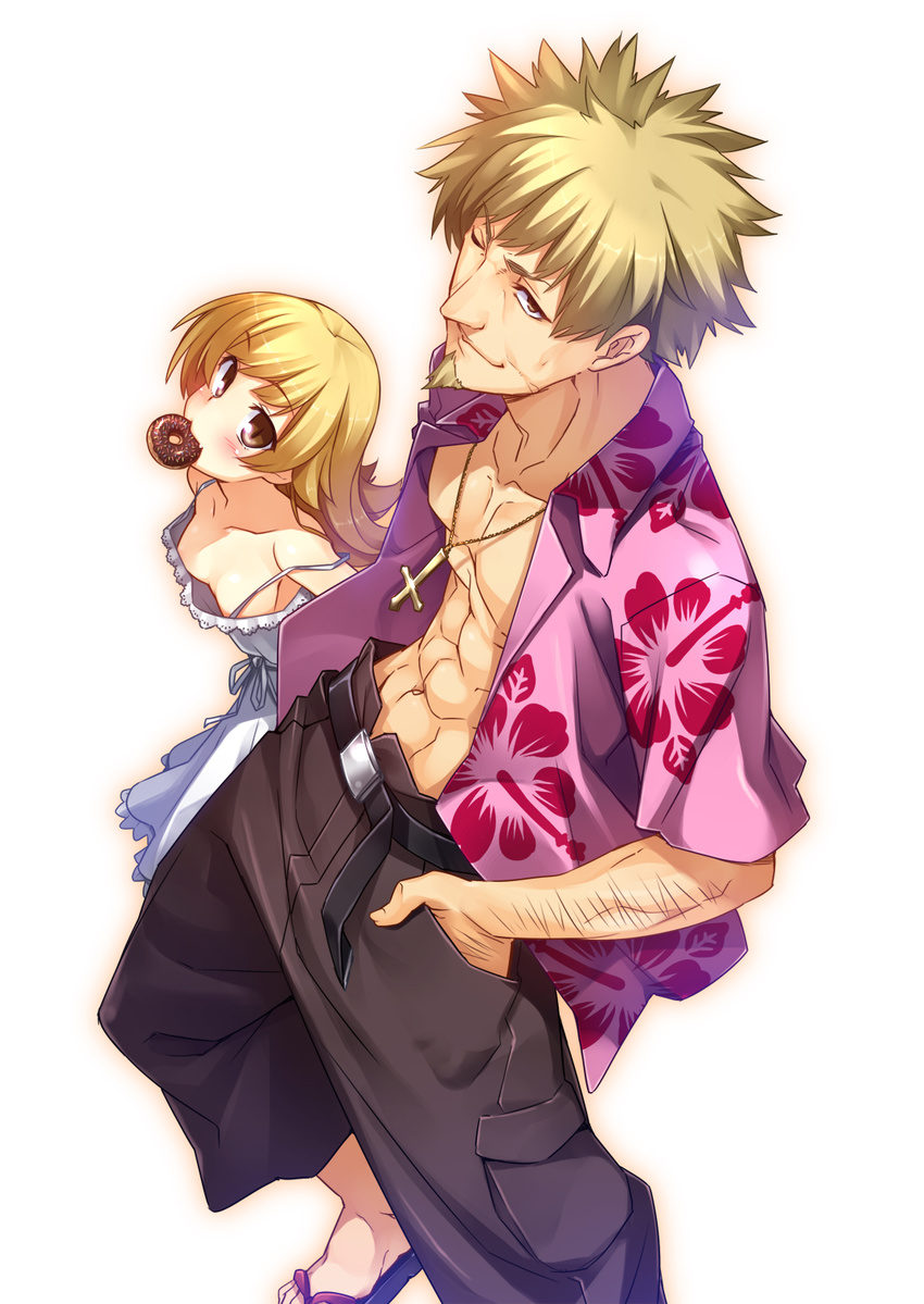 1girl blonde_hair brown_eyes doughnut dress food highres long_hair monogatari_(series) open_clothes open_shirt oshino_meme oshino_shinobu racer_(magnet) shirt