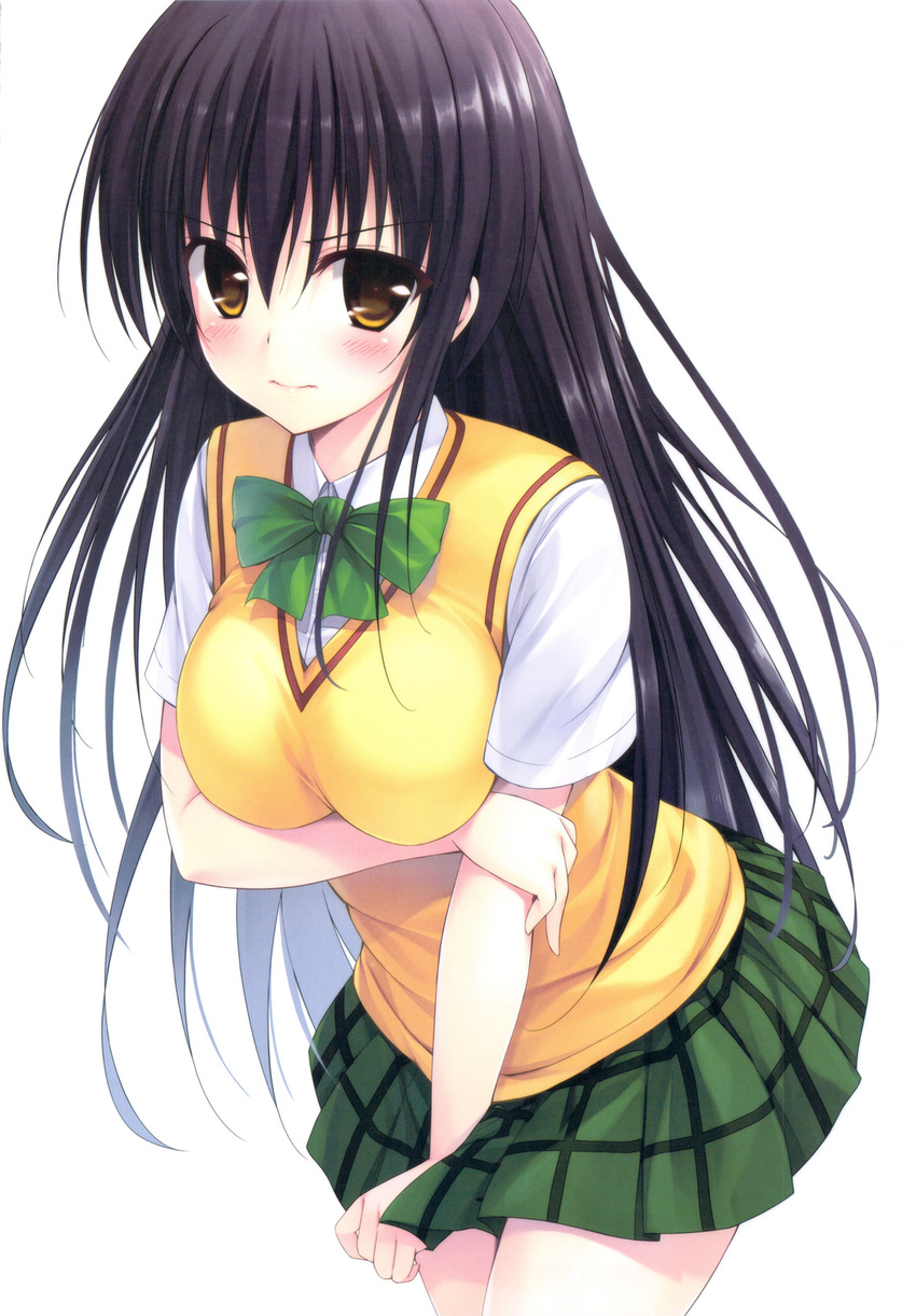 black_hair blush bow bowtie breast_hold breasts embarrassed highres kotegawa_yui koyaya long_hair looking_at_viewer school_uniform simple_background skirt solano solo standing to_love-ru to_love-ru_darkness white_background yellow_eyes