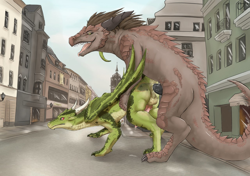 anal anal_penetration anthro balls black_penis city claws cum cum_in_ass cum_inside digitigrade doggy_position doggystyle dragon duo erection feral feral_on_feral from_behind gay grabbing half-erect hindpaw horn lizardlars male nude open_mouth paws penetration penis public raygon red_eyes reptile scalie sex spitey tongue wings yellow_eyes