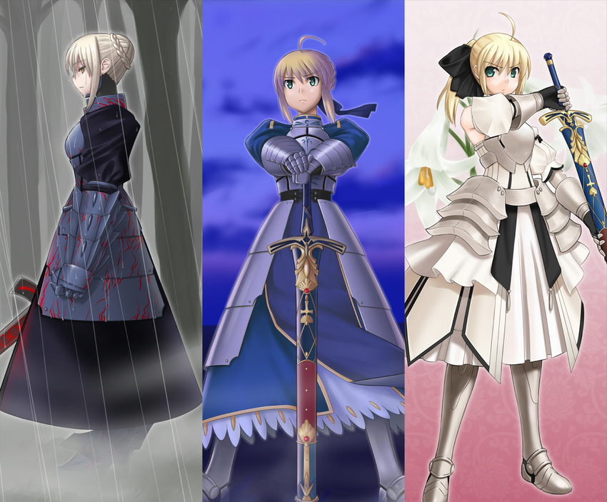 ahoge armor armored_dress artoria_pendragon_(all) blonde_hair blood caliburn dark_excalibur dress fate/stay_night fate/unlimited_codes fate_(series) gauntlets green_eyes hair_ribbon multiple_girls ponytail ribbon saber saber_alter saber_lily sheath sheathed sugar_(sugarless) sword unsheathing weapon