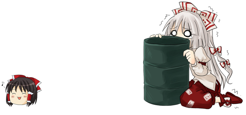 drum_(container) eighth_note fujiwara_no_mokou hakurei_reimu musical_note nako_(yukkuri) niji_(nijioki) non-web_source o_o scared solo tears touhou trembling white_hair yukkuri_shiteitte_ne