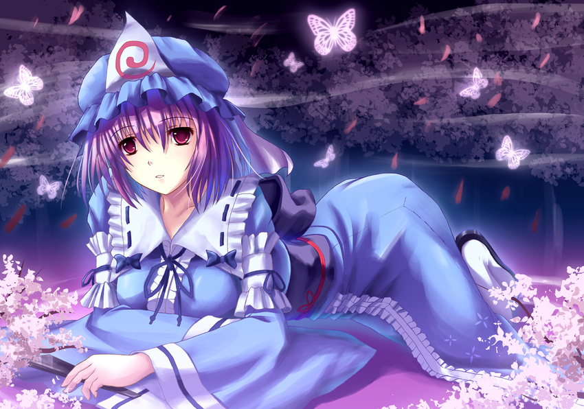 bad_id bad_pixiv_id cherry_blossoms hat japanese_clothes kimono nagatsuki_towa pink_hair saigyouji_yuyuko short_hair solo touhou