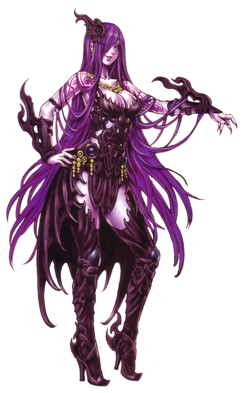 absurdres breasts cleavage high_heels highres jewelry large_breasts long_hair necklace purple_hair purple_skin shoes solo tattoo very_long_hair wild_flower yamashita_shun'ya