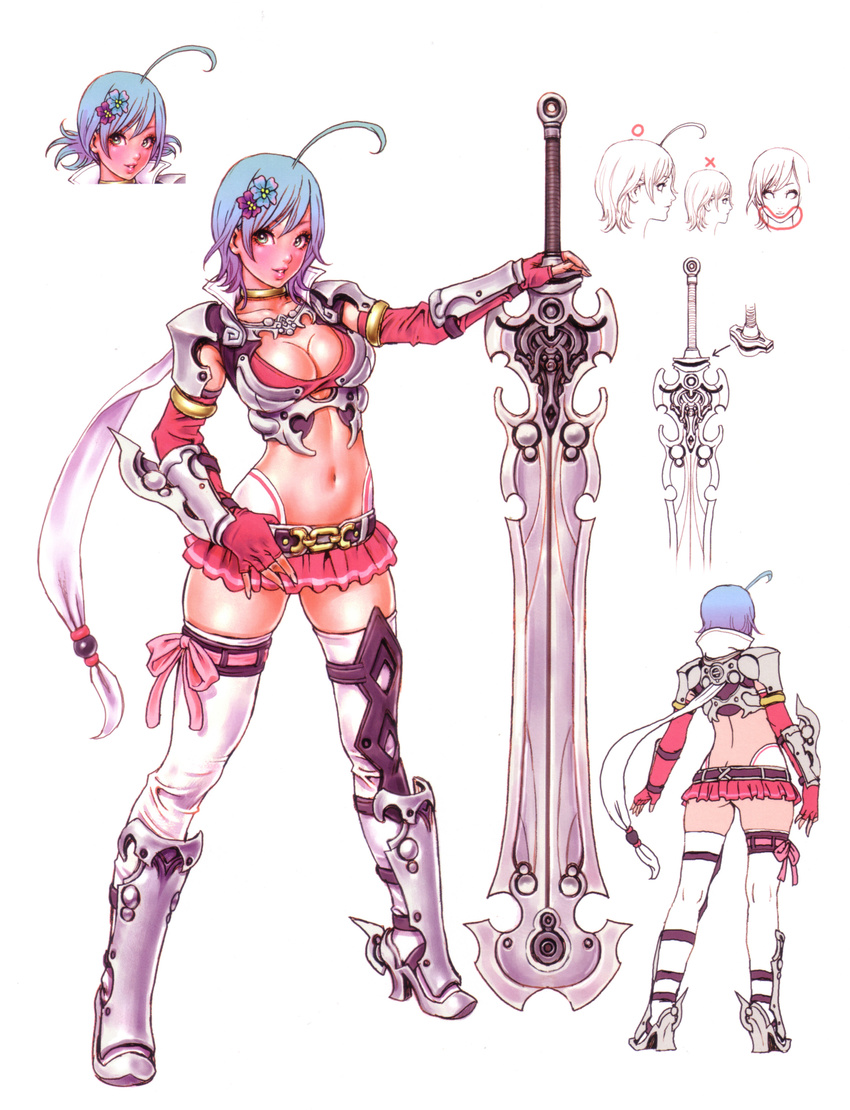 absurdres ahoge armor armored_boots artist_request ass belt boots breasts cleavage copyright_request from_behind full_body gauntlets highres holding holding_sword holding_weapon looking_at_viewer medium_breasts midriff miniskirt multiple_views navel silver_hair skirt standing stomach sword thigh_boots thighhighs weapon