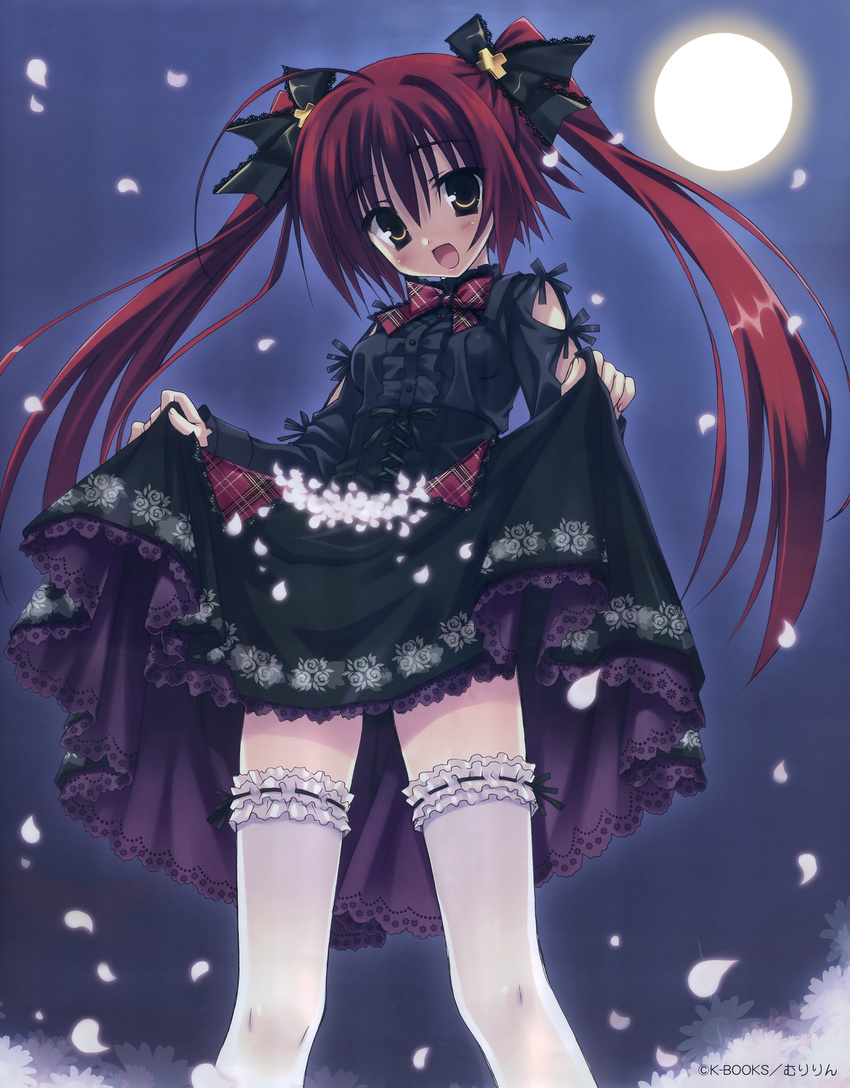 absurdres bow brown_eyes bunches center_frills copyright_request dress full_moon garters gothic gothic_lolita hair_ribbon highres lifted_by_self lolita_fashion looking_at_viewer moon muririn night open_mouth orange_eyes petals petticoat red_hair ribbon scan skirt_basket smile solo thighhighs twintails yellow_eyes