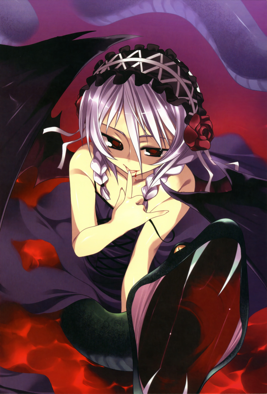 absurdres blood braid copyright_request hairband highres non-web_source ooba_kagerou purple_hair red_eyes silver_hair snake solo strap_slip twin_braids wings