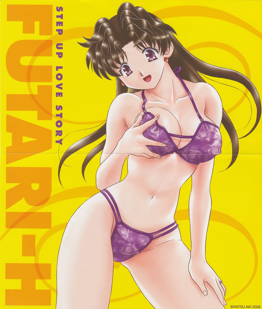 :d bikini black_hair breast_grab breasts cleavage crease earrings futari_ecchi grabbing head_tilt highres jewelry katsu_aki large_breasts lipstick long_hair makeup navel onoda_yura open_mouth pinup purple_eyes ring scan scan_artifacts smile solo standing swimsuit wavy_hair