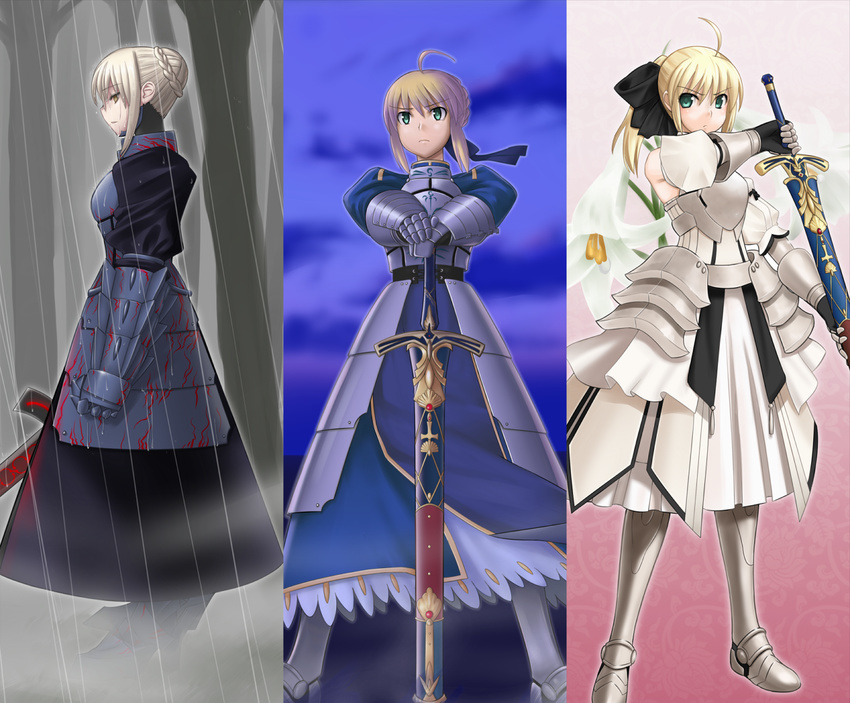 ahoge armor armored_dress artoria_pendragon_(all) blonde_hair braid caliburn dark_excalibur dress fate/stay_night fate/unlimited_codes fate_(series) green_eyes hair_ribbon multiple_girls rain ribbon saber saber_alter saber_lily sheath sheathed short_hair sugar_(sugarless) sword unsheathing weapon