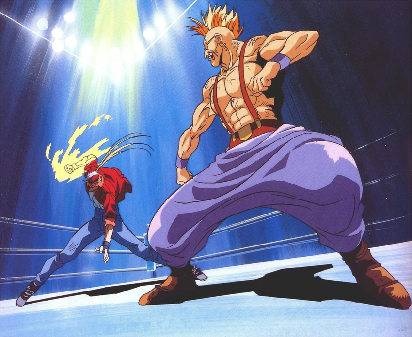 2boys battle duck_king fatal_fury fight fighting game highres king_of_fighters male male_focus martial_arts masami_obari multiple_boys oobari_masami power_wave snk terry_bogard