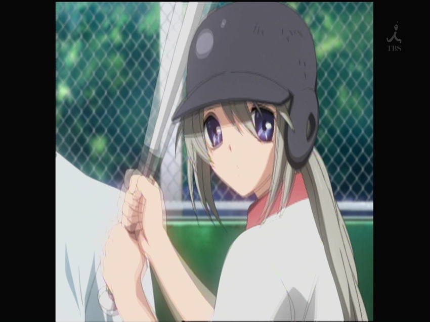 bad_aspect_ratio baseball baseball_bat baseball_helmet clannad helmet pillarboxed ponytail sakagami_tomoyo screencap silver_hair solo