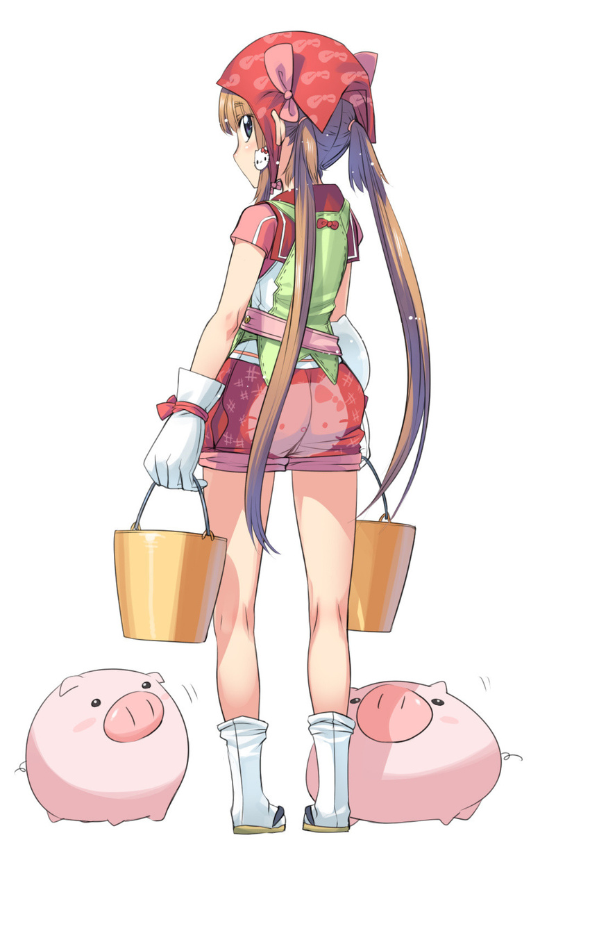 apron ass bandana blue_eyes blush brown_hair bucket character_hair_ornament from_behind gloves hair_ornament hello_kitty highres koume_keito long_hair looking_at_viewer looking_back original pig sandals shorts simple_background solo standing tabi twintails very_long_hair white_background
