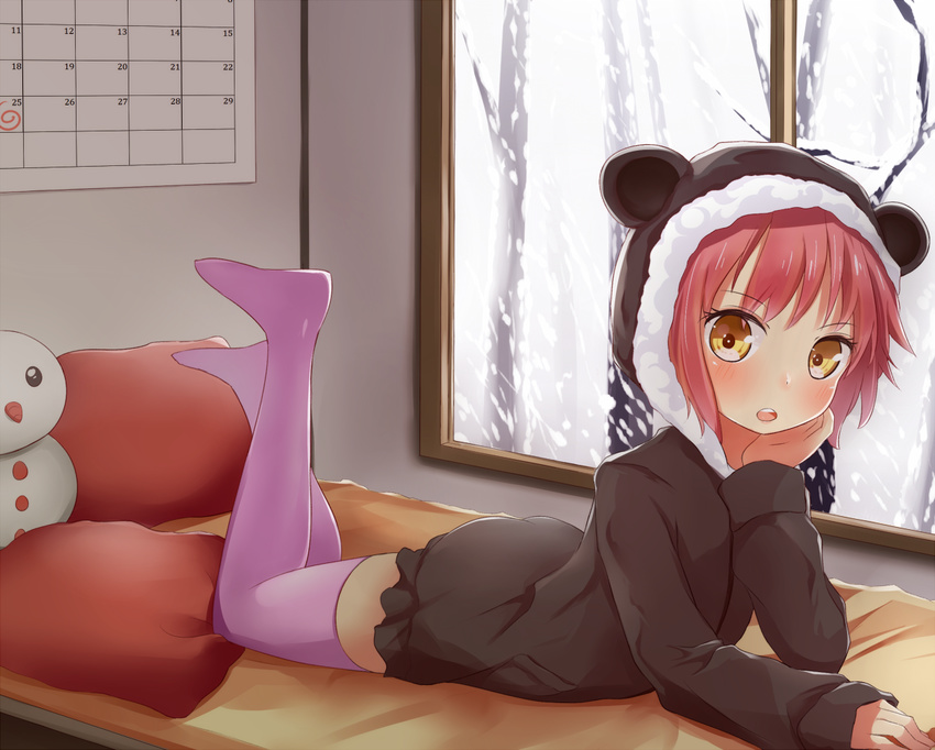 bed brown_eyes calendar_(object) cupen looking_at_viewer lying on_stomach original pillow purple_legwear red_hair solo thighhighs window