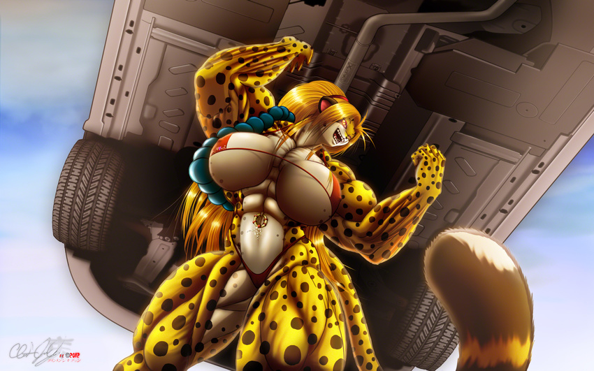 abs biceps big_breasts bikini breasts bus cheetah clothed clothing cylnx feline female jewelry mammal muscles muscular_female navel navel_ring open_mouth skimpy solo swimsuit vehicle wheels