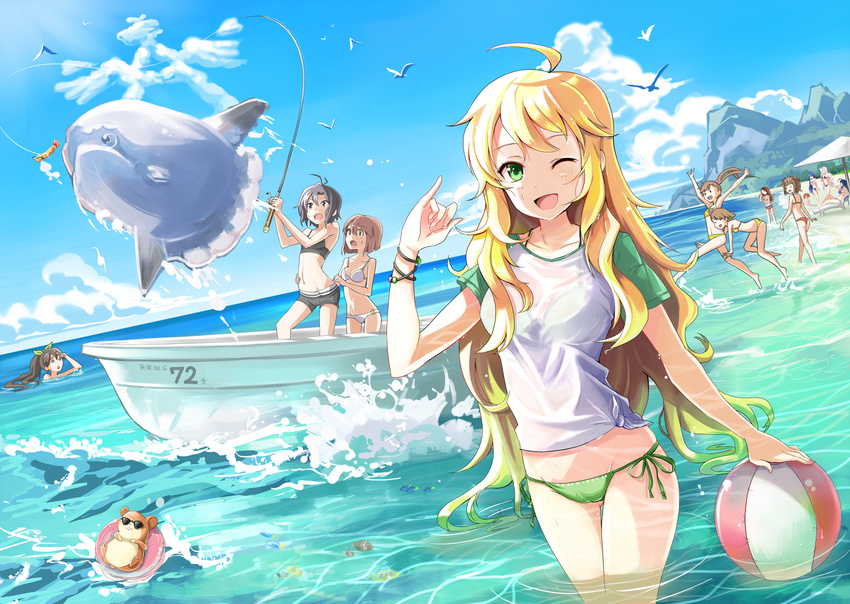 :d ahoge amami_haruka animal antenna_hair ball barefoot beach bikini bird black_eyes black_hair blonde_hair blue_hair boat bracelet brown_eyes brown_hair closed_eyes cloud day dutch_angle emerane fish futami_ami futami_mami ganaha_hibiki green_eyes hagiwara_yukiho hair_ribbon hamster hamuzou hoshii_miki idolmaster idolmaster_(classic) jewelry kikuchi_makoto kisaragi_chihaya long_hair looking_at_viewer minase_iori miura_azusa multiple_girls navel ocean one_eye_closed open_mouth outdoors partially_submerged pinky_out ponytail raglan_sleeves ribbon see-through shijou_takane shirt short_hair siblings side-tie_bikini side_ponytail sisters sky smile sunfish swimming swimsuit takatsuki_yayoi twins twintails wading water watercraft wet wet_clothes