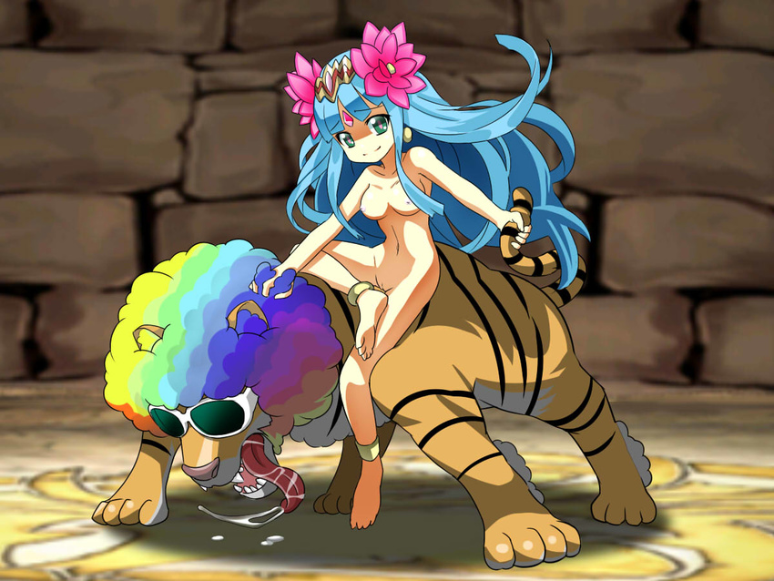 afro anklet bangs barefoot blue_hair blunt_bangs breasts flower forehead_jewel green_eyes hair_flower hair_ornament jewelry lotus medium_breasts mochi_mame multicolored multicolored_hair nipples nude parvati_(p&amp;d) pussy puzzle_&amp;_dragons rainbow_hair solo sunglasses tiger