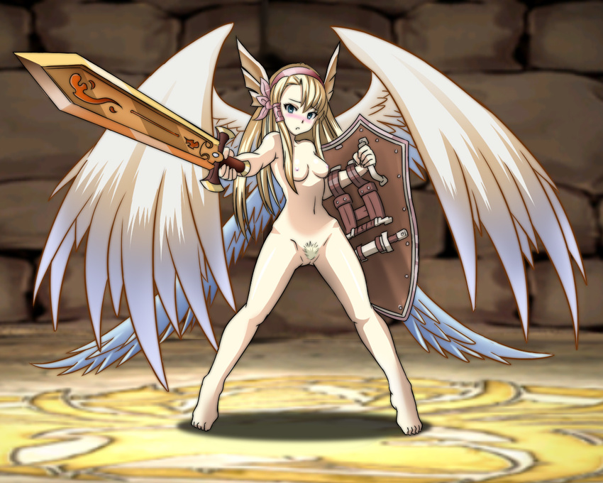 barefoot blonde_hair blue_eyes blush breasts dagger hair_ribbon hairband head_wings long_hair medium_breasts minerva_(p&amp;d) mochi_mame multiple_wings nipples nude parted_lips pubic_hair puzzle_&amp;_dragons ribbon shield solo spread_legs sword tiptoes weapon wings