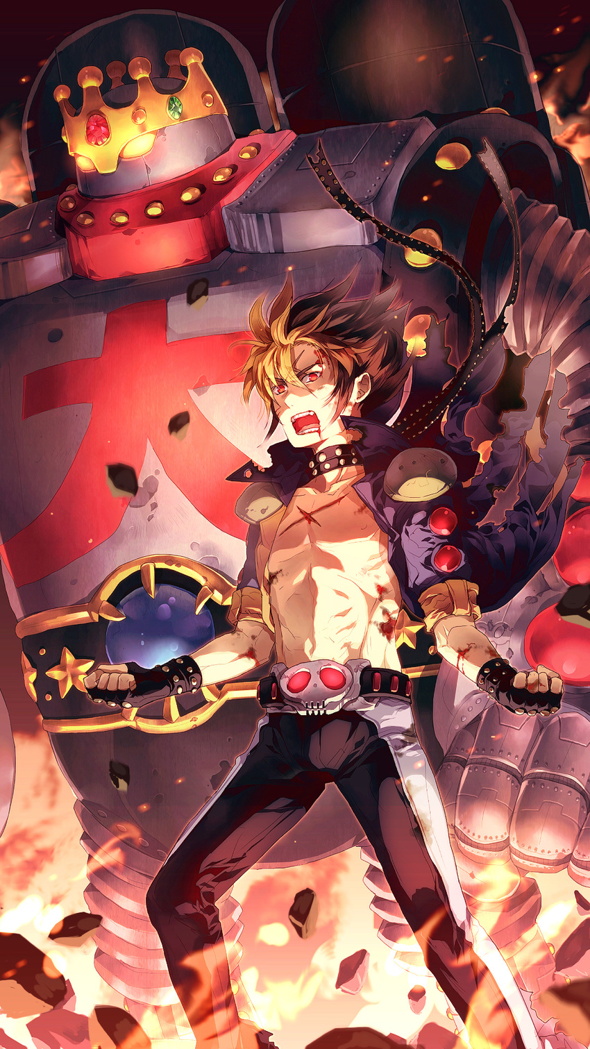 aura belt blood brown_hair bruise buriki_daioh collar crown fingerless_gloves gloves glowing glowing_eyes highres injury jacket live_a_live mecha open_clothes open_jacket open_mouth red_eyes robot scar shoulder_pads spiked_hair star sunakumo tadokoro_akira torn_clothes