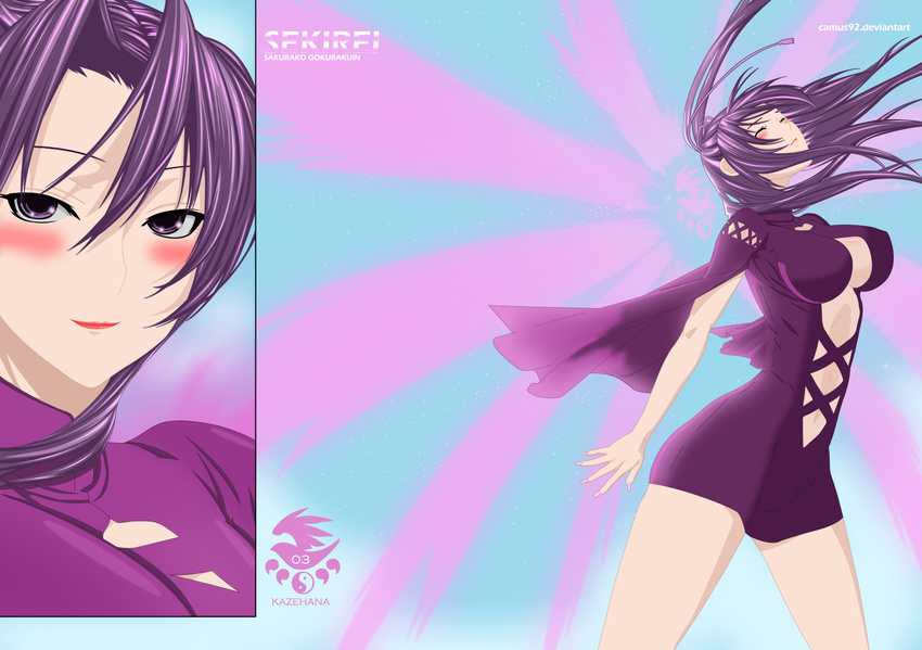 1girl blush breasts dress highres kazehana large_breasts lipstick long_hair makeup purple_eyes purple_hair sekirei smile solo