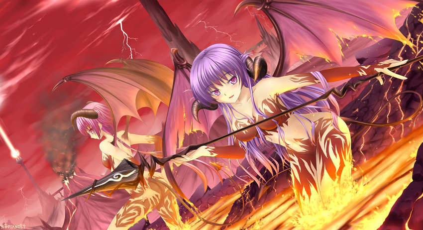 2girls blush breasts cloud clouds explosion fire flame hell horns kopianget lightning long_hair multiple_girls open_mouth original pink_eyes pink_hair polearm purple_eyes purple_hair sky smile spear tail very_long_hair volcano weapon wings
