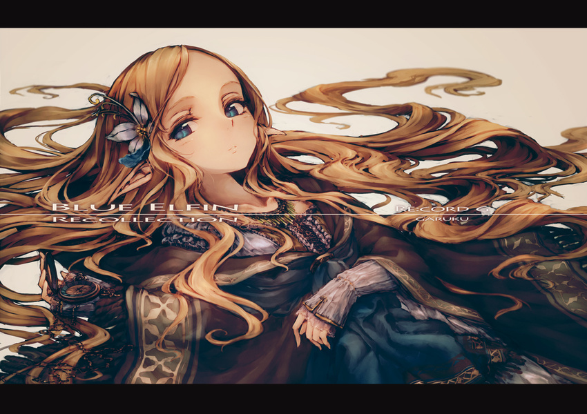 artist_name blonde_hair blue_eyes flower garuku hair_flower hair_ornament long_hair lying on_back original pocket_watch sleeves_past_wrists solo watch