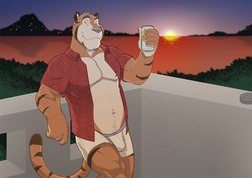 anthro ashtray balcony beverage biceps big_muscles black_fur blue_nose bulge clothing drink feline fur kellogg's looking_at_viewer male mammal mascot muscles nipples open_shirt orange_fur pecs sea shirt sky solo sunset superslickslasher tiger tony_the_tiger tony_tiger water white_fur