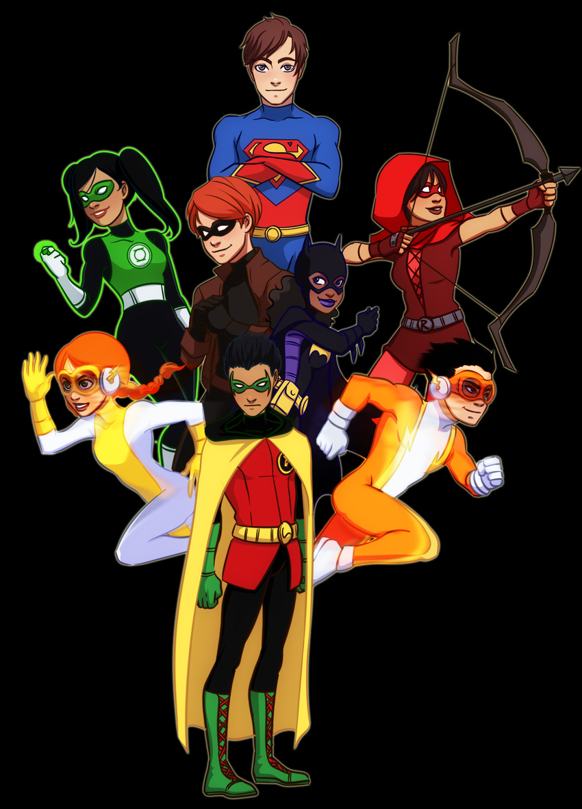 4boys 4girls abuse abuse_(dc) arrow bat_symbol batgirl belt black_hair boots bow_(weapon) brother brother_and_sister cape chris_kent colin_wilkes damian_wayne dark_skin dc_comics domino_mask gloves goggles highres hood impulse irey_west jai_west kryptonian lian_harper mask milagro_reyes multiple_boys multiple_girls nell nell_little orange_hair red_arrow robin_(dc) s_shield siblings sister superhero weapon young younger