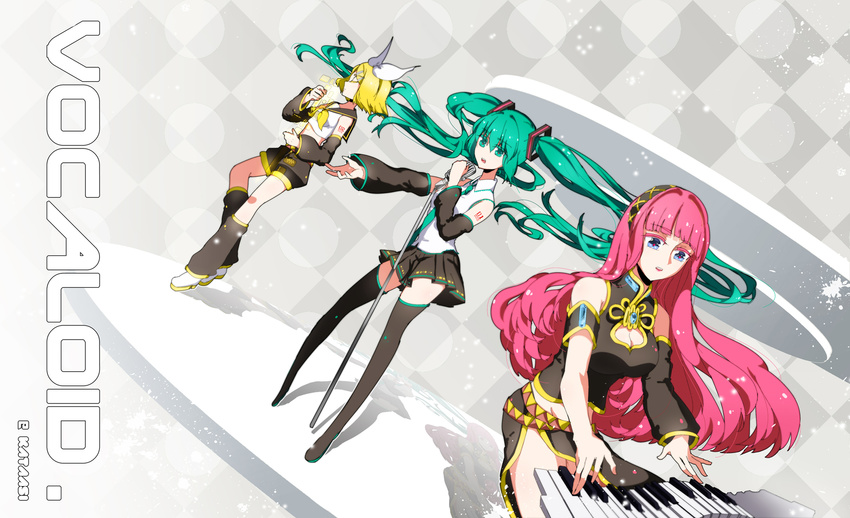 armband bad_id bad_pixiv_id blonde_hair blue_eyes boots checkered checkered_background closed_eyes detached_sleeves floating_hair green_eyes green_hair hair_ornament hair_ribbon hairclip hatsune_miku highres kagamine_rin long_hair megurine_luka microphone microphone_stand midriff multiple_girls necktie outstretched_arm piano_keys pianzu_mao pink_hair ribbon short_hair skirt thigh_boots thighhighs twintails very_long_hair vocaloid