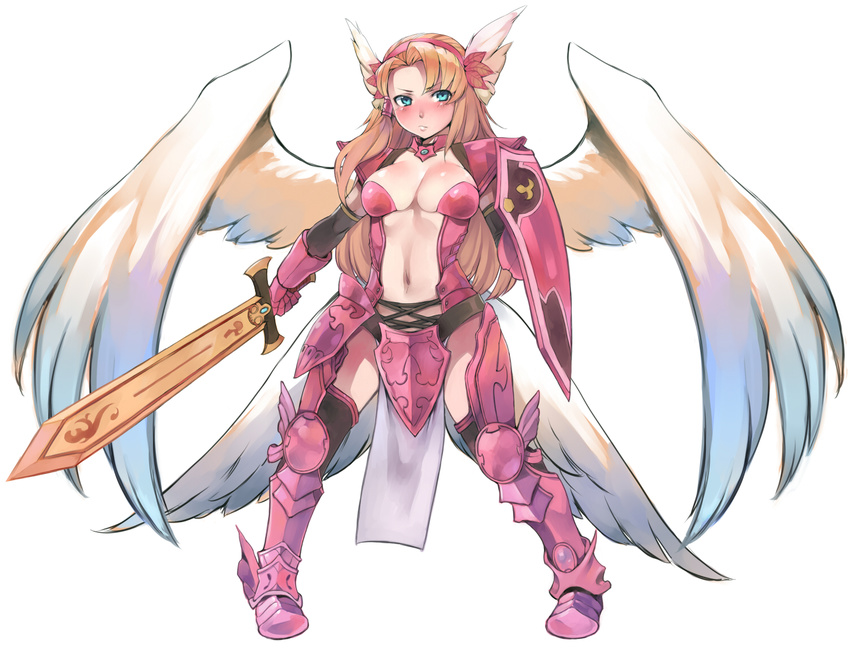 aqua_eyes armor blush breasts center_opening hairband head_wings large_breasts loincloth long_hair minerva_(p&amp;d) multiple_wings navel orange_hair pelvic_curtain puzzle_&amp;_dragons shield solo sword tama1130 weapon wings