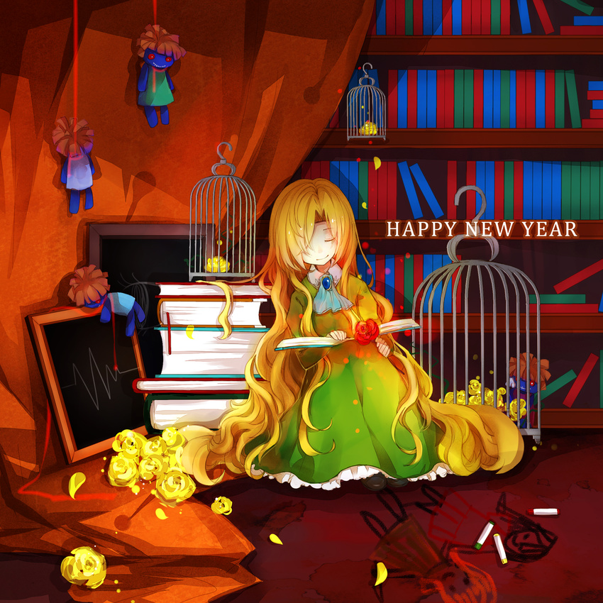 birdcage blonde_hair book bookshelf brooch cage crayon doll doll_(ib) flower happy_new_year highres ib jewelry long_hair mary_(ib) new_year petals rose rue_(wyha666) smile solo