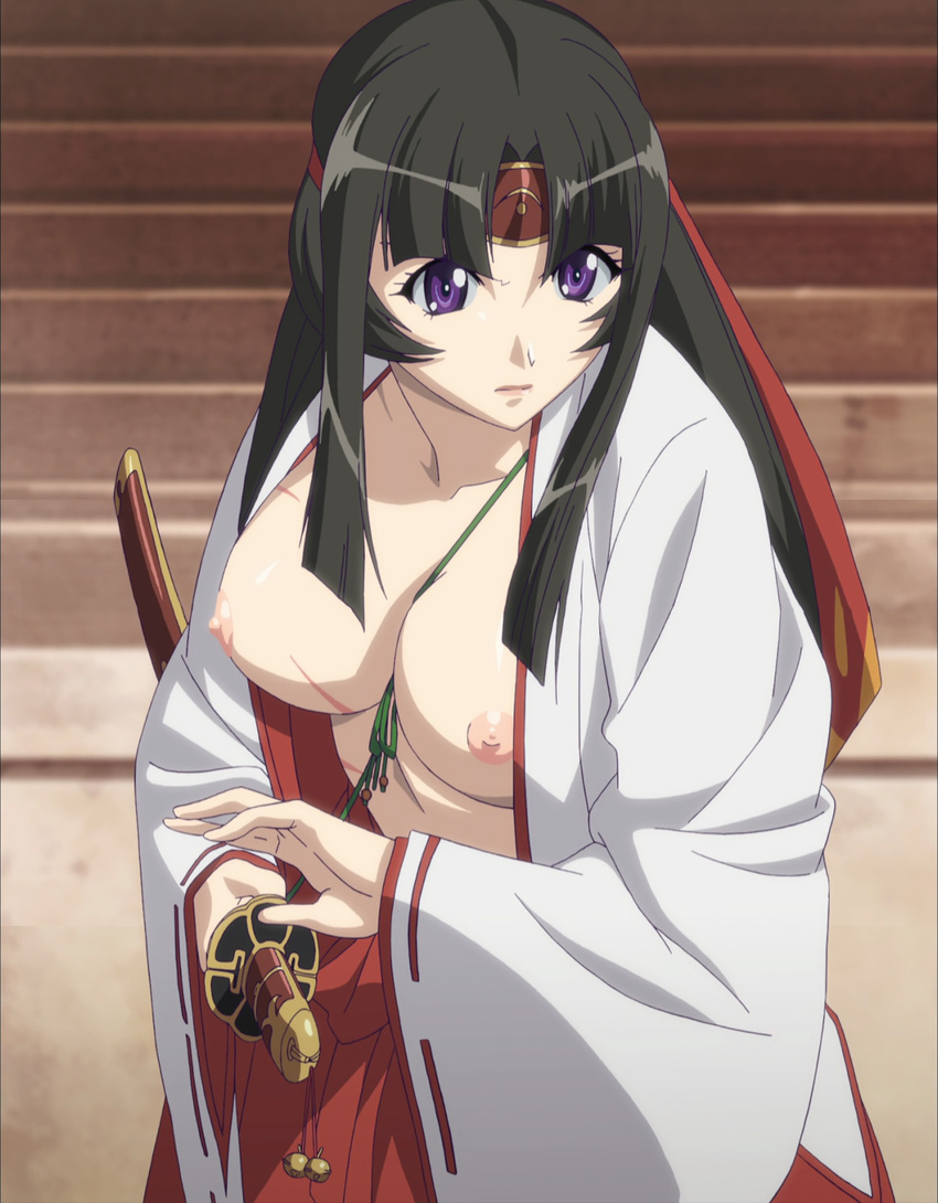 1girl absurdres black_hair breasts female highres japanese_clothes katana large_breasts long_hair miko nipples purple_eyes queen's_blade queen's_blade screencap solo stitched sword tomoe weapon