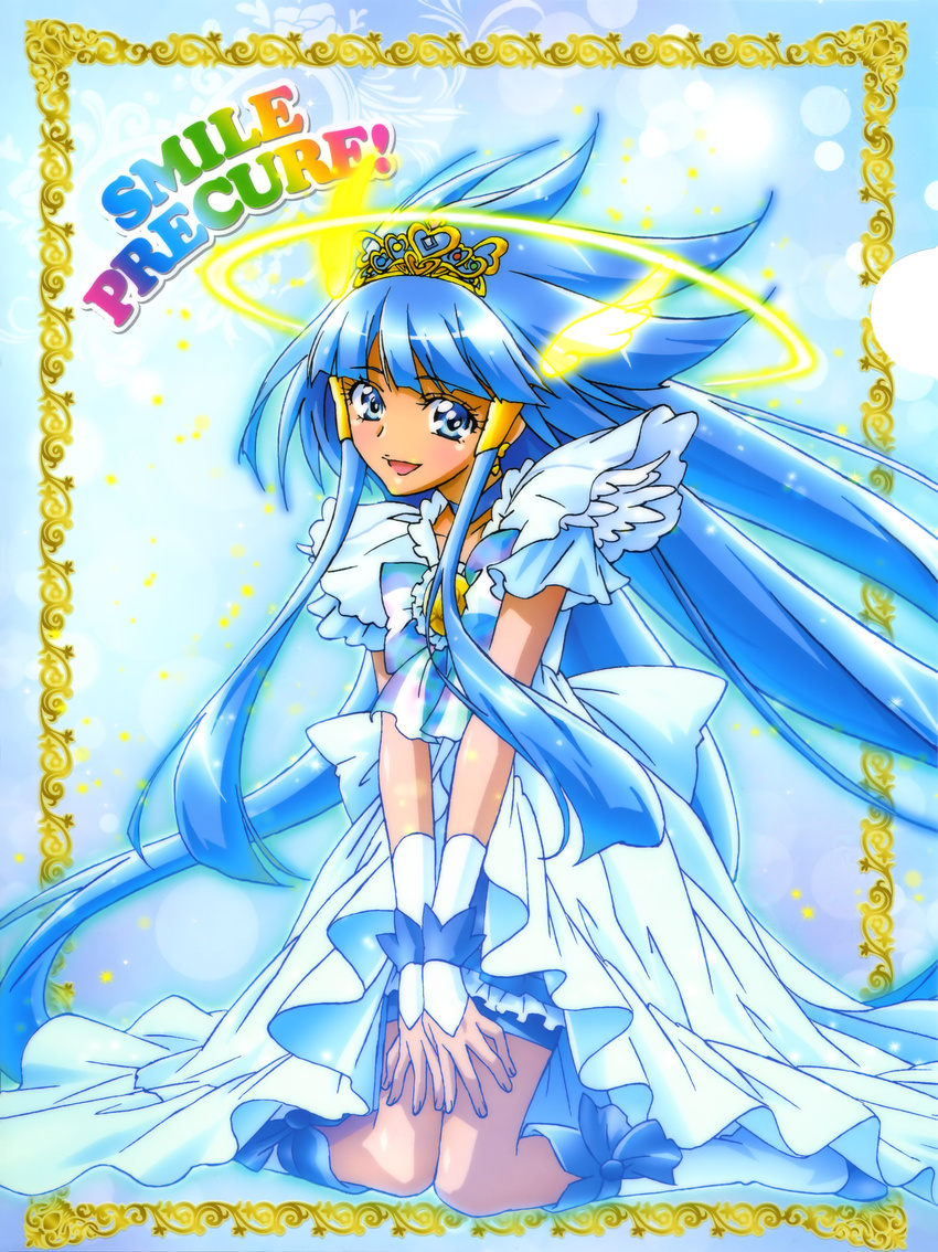 absurdres aoki_reika blue blue_dress blue_eyes blue_hair boots copyright_name crown cure_beauty dress highres kawamura_toshie kneeling legs long_hair non-web_source official_art open_mouth precure princess_form_(smile_precure!) rainbow_text smile_precure! solo twintails very_long_hair