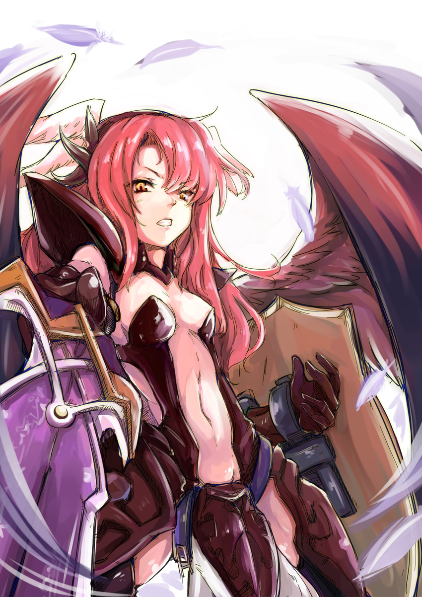 armor center_opening clenched_teeth dark_minerva_(p&amp;d) feathers gloves head_wings highres long_hair minerva_(p&amp;d) nikke_(cherish) puzzle_&amp;_dragons red_hair shield shoulder_pads solo sword teeth weapon wings yellow_eyes