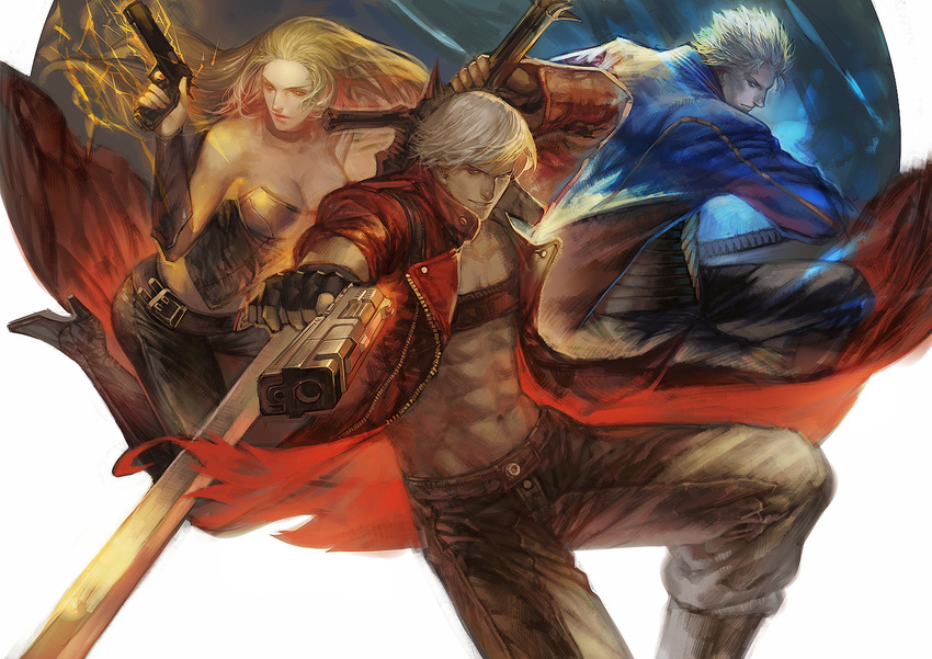 2boys abs blonde_hair breasts brothers cleavage coat dante_(devil_may_cry) devil_may_cry devil_may_cry_3 ebony_&amp;_ivory et.m gun handgun large_breasts long_hair multiple_boys open_clothes open_coat rebellion_(sword) short_hair siblings sword trench_coat trish_(devil_may_cry) twins vergil weapon white_hair yamato_(sword)