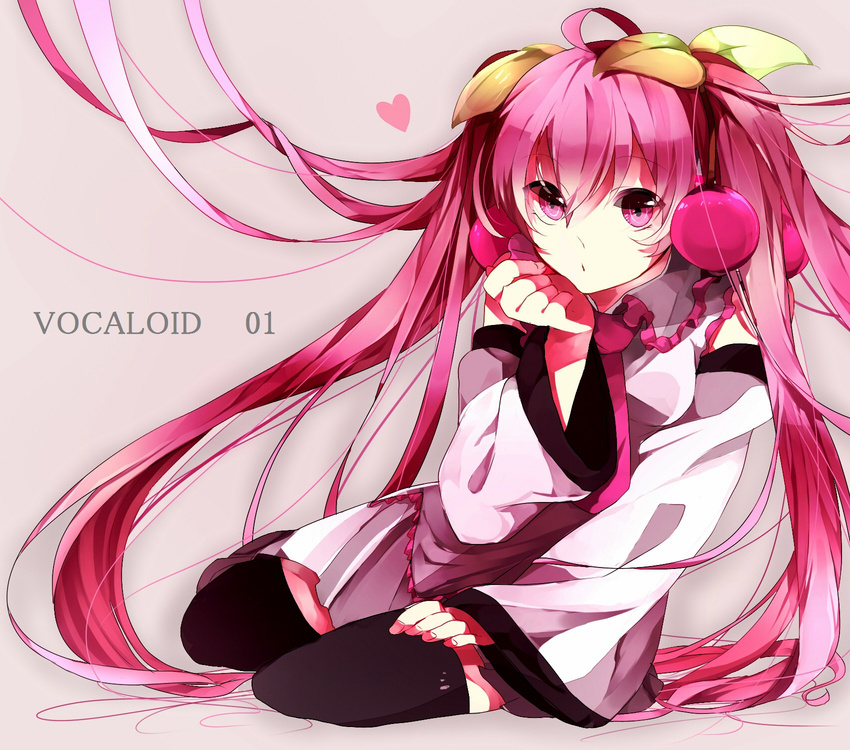 bad_id bad_pixiv_id character_name cherry detached_sleeves food food_themed_hair_ornament fruit hair_ornament hatsune_miku hibiya highres long_hair looking_at_viewer necktie pink_eyes pink_hair revision sakura_miku sitting solo thighhighs twintails very_long_hair vocaloid