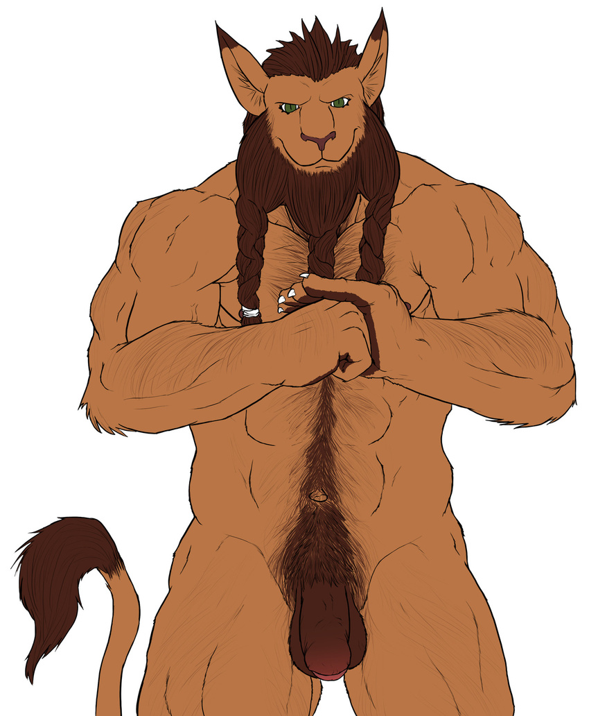 anthro balls beard biceps big big_muscles big_penis body_hair braids claws digimon facial_hair feline front fur green_eyes hairy hairy_chest happy_trail leomon lion looking_at_viewer male mammal mondo_cruz muscles nude penis plain_background pose pubes smile solo spelunker_sal standing tail_tuft tuft uncut white_background