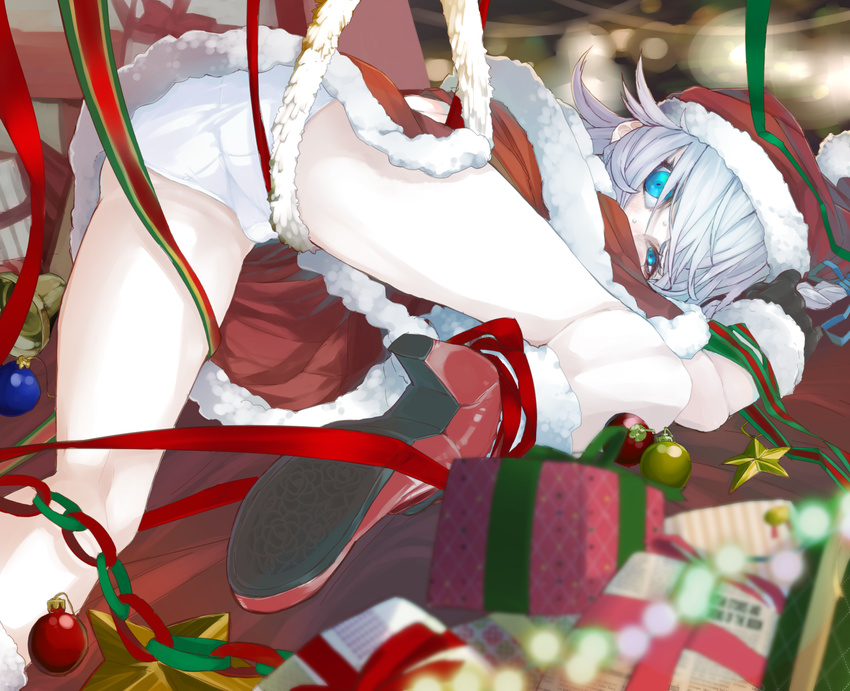 bell blue_eyes blurry christmas depth_of_field gift hat high_heels highres izayoi_sakuya kumonji_aruto ornament panties ribbon santa_costume santa_hat shoes silver_hair solo star sweat touhou underwear white_panties