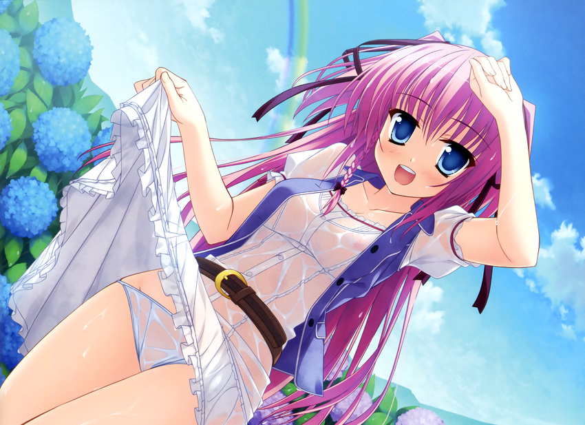 :d blue_eyes blush braid cloud day dress dress_lift flower hair_ribbon highres long_hair looking_at_viewer open_mouth panties pink_hair princess_evangile rainbow ribbon rousen'in_rise see-through side_braid sky smile solo two_side_up underwear wet wet_clothes yamakaze_ran