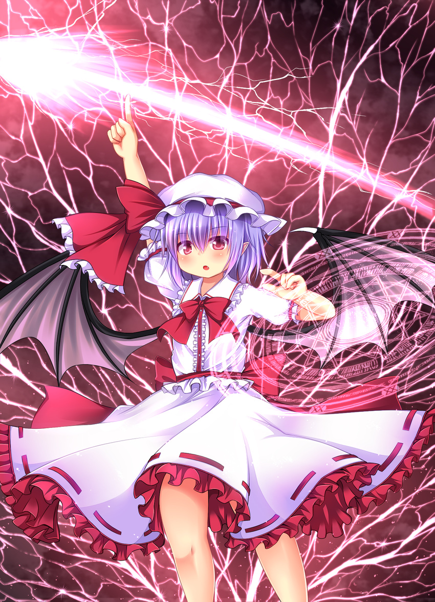 arm_up bat_wings blue_hair blush bow fang hat hat_ribbon highres lightning looking_at_viewer magic_circle pointing pointing_up pointy_ears puffy_sleeves red_eyes remilia_scarlet rena_(riries) ribbon short_sleeves skirt skirt_set solo spear_the_gungnir touhou wind wind_lift wings wrist_cuffs