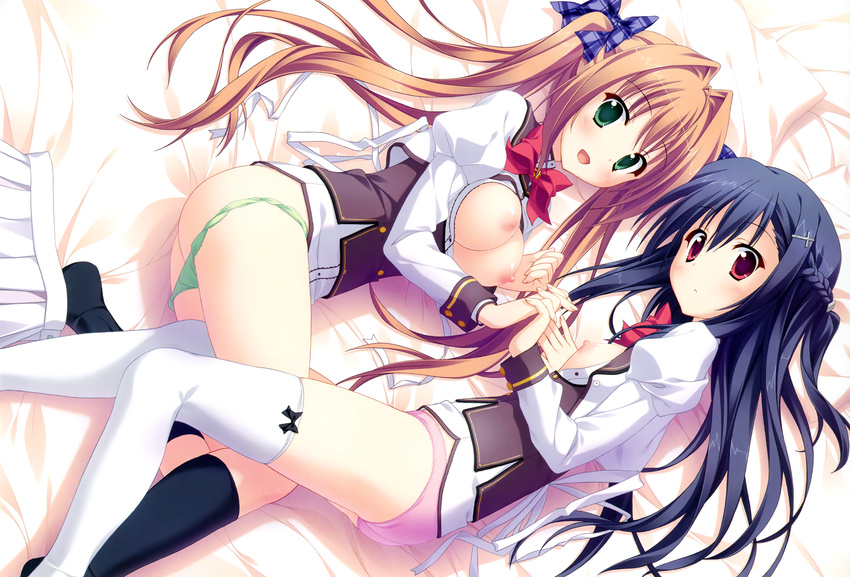 :d black_legwear blue_hair braid breasts breasts_outside brown_hair cross_hair_ornament dengeki_hime green_eyes green_panties hair_intakes hair_ornament half_updo highres holding_hands juliet_sleeves kitamikado_ritsuko kneehighs leg_between_thighs long_hair long_sleeves looking_at_viewer medium_breasts multiple_girls nipples no_pants open_mouth panties panty_pull pink_panties princess_evangile puffy_sleeves red_eyes saeki_nao sagisawa_chiho scan school_uniform skirt skirt_removed smile thighhighs twintails underwear white_legwear