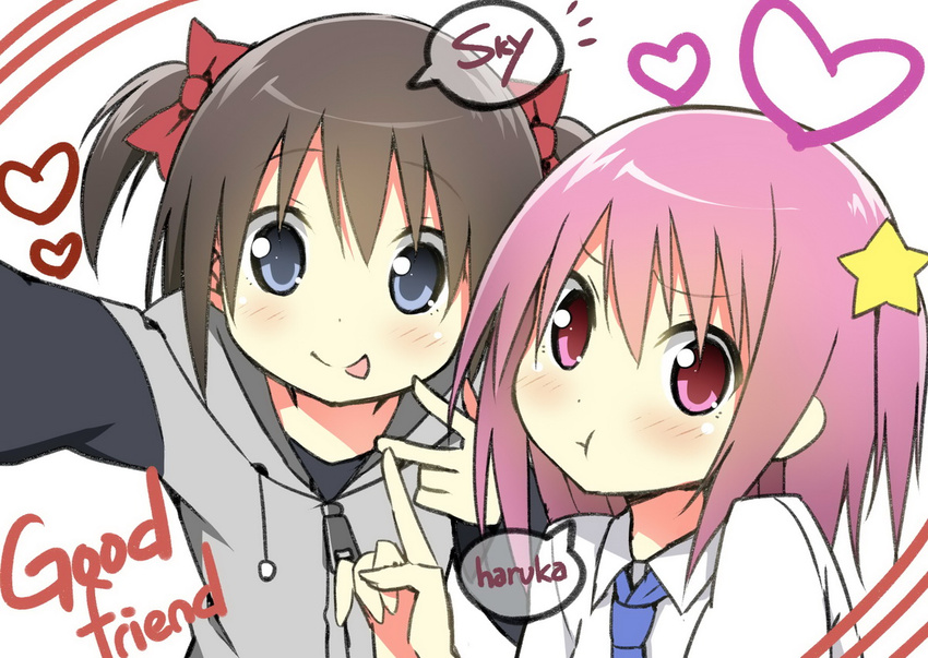 2girls :p bangs black_hair blue_eyes blush bow english hair_between_eyes hair_bow hair_ornament haruka_(liong) heart jacket long_sleeves looking_at_viewer multiple_girls necktie original pink_eyes pink_hair pointing pout reaching_out school_uniform self_shot short_hair sidelocks simple_background sky_(freedom) sky_(sky-freedom) smile star star_hair_ornament tareme tongue tongue_out twintails upper_body w white_background zipper