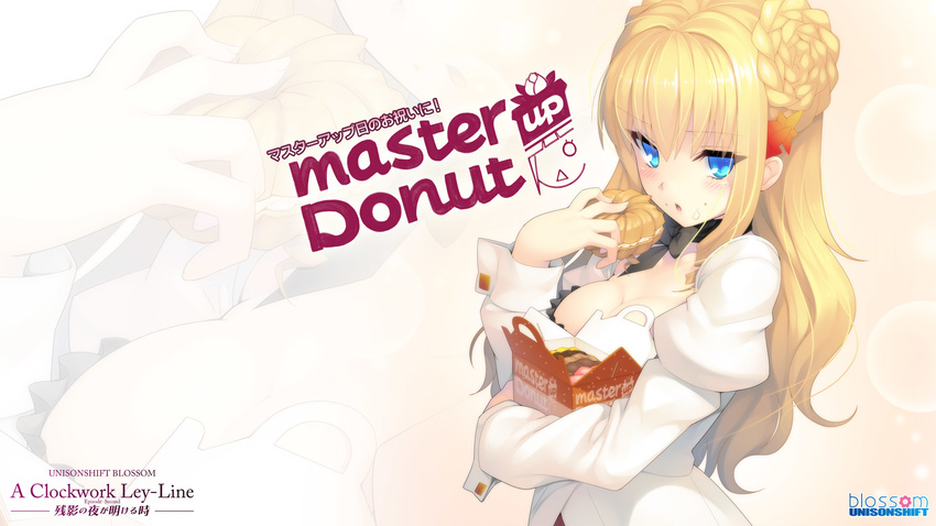 adelheid_ritter_von_weinberger blonde_hair blue_eyes blush brand_name_imitation breasts cleavage company_name copyright_name double_bun doughnut food food_on_face hair_ornament highres juliet_sleeves long_hair long_sleeves medium_breasts mister_donut pastry_box puffy_sleeves solo tokeijikake_no_ley_line triangle_mouth urabi_(tomatohouse) wallpaper zoom_layer