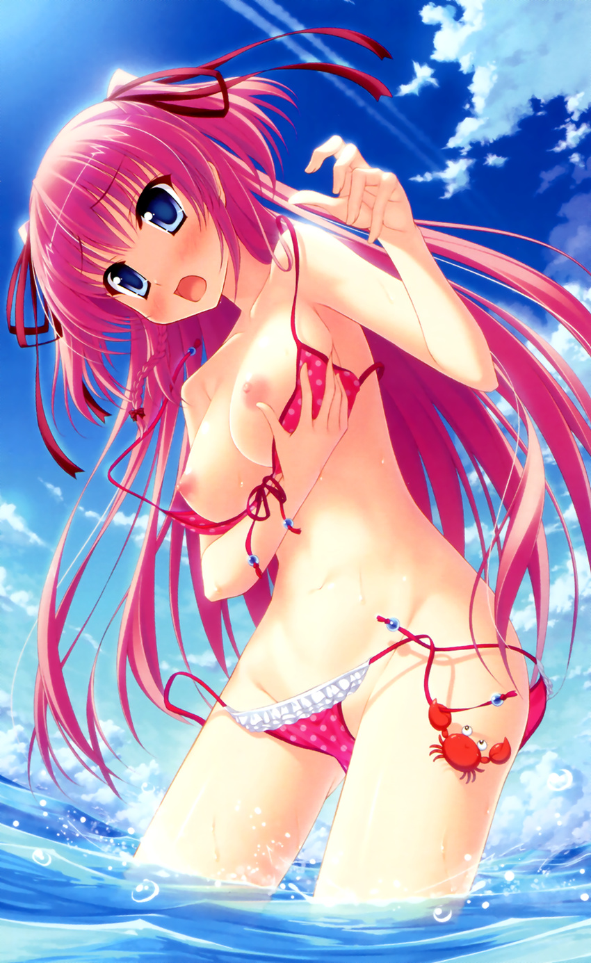 bikini blue_eyes blush braid breasts cloud crab day fisheye frilled_bikini frills front-tie_top hair_ribbon highres large_breasts long_hair navel nipples open_mouth pink_hair polka_dot polka_dot_bikini polka_dot_swimsuit princess_evangile ribbon rousen'in_rise side_braid sky solo swimsuit two_side_up untied very_long_hair wading wardrobe_malfunction water yamakaze_ran