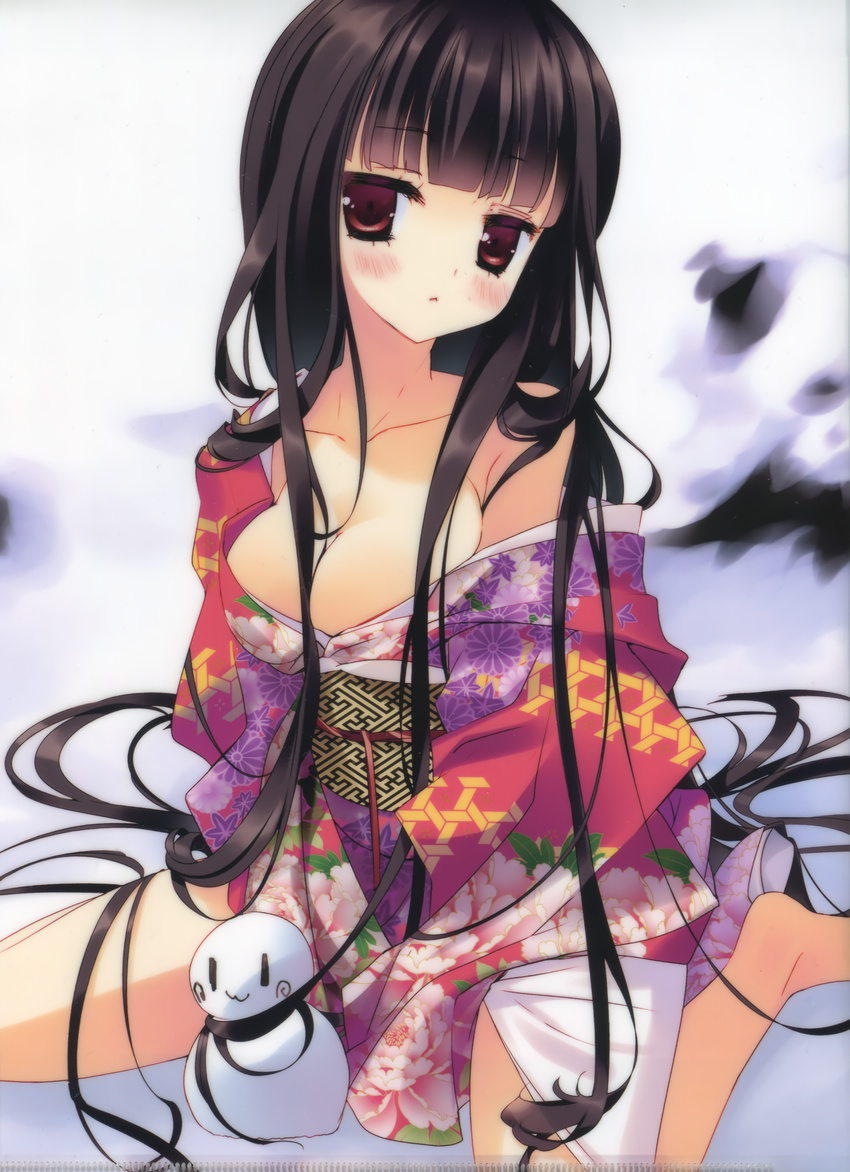 :&lt; :3 absurdres arikawa_satoru barefoot black_hair blush breasts cleavage copyright_request floral_print hair_flowing_over highres japanese_clothes kimono kimono_pull long_hair medium_breasts red_eyes sitting snowman solo very_long_hair wariza |_|