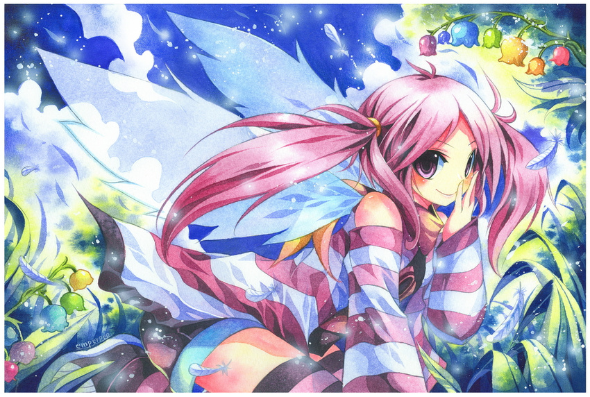 1girl boots character_request cloud clouds emperpep female flower long_hair long_sleeves looking_at_viewer patterned_legwear purple_eyes purple_hair shirt shorts sky smile solo striped striped_clothes striped_legwear striped_shirt thighhighs twintails violet_eyes wings