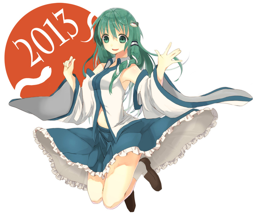 2013 bad_id bad_pixiv_id bare_shoulders detached_sleeves frills frog_hair_ornament green_eyes green_hair hair_ornament jumping kochiya_sanae kombu_(yoshikonbu) long_hair open_mouth shoes smile snake snake_hair_ornament solo touhou