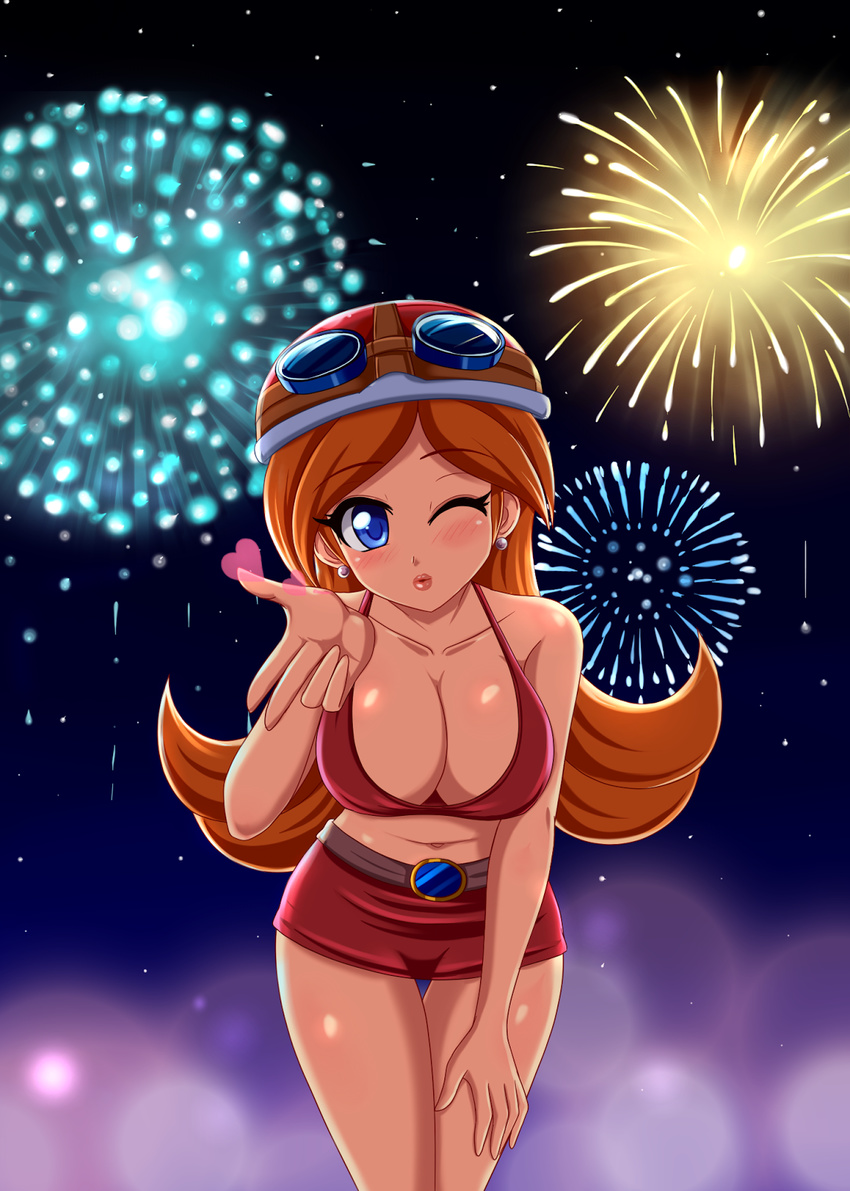 1girl blue_eyes breasts brown_hair cleavage earrings fireworks flying_kiss hat highres jewelry large_breasts lips long_hair mona mona_(warioware) night nintendo pilot sigurd_hosenfeld sigurdhosenfeld skirt solo very_long_hair warioware wink