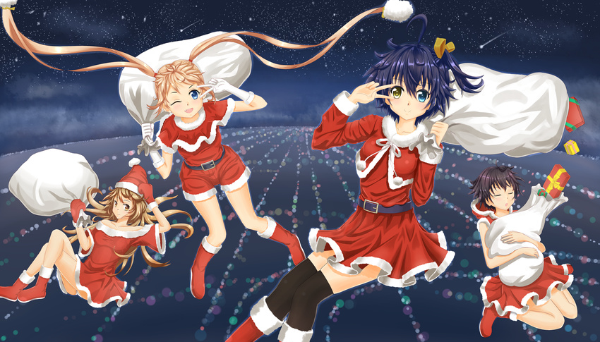 aki99 black_hair blonde_hair blue_eyes brown_eyes brown_hair chuunibyou_demo_koi_ga_shitai! dekomori_sanae falling gift gloves hat heterochromia highres long_hair multiple_girls nibutani_shinka no_eyepatch one_side_up sack santa_costume santa_hat short_hair takanashi_rikka thighhighs tsuyuri_kumin twintails