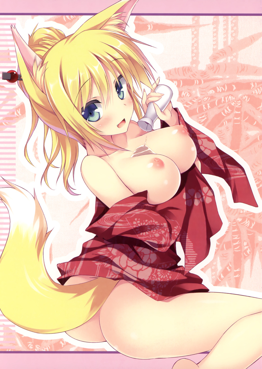 :d absurdres alcohol animal_ears blonde_hair blue_eyes bottomless breasts breasts_outside bust_cup dog_days fang fox_ears fox_tail highres japanese_clothes kimono large_breasts nipples no_bra no_panties open_mouth sake sitting smile solo tail tail_raised tateha_(marvelous_grace) wariza yukikaze_panettone